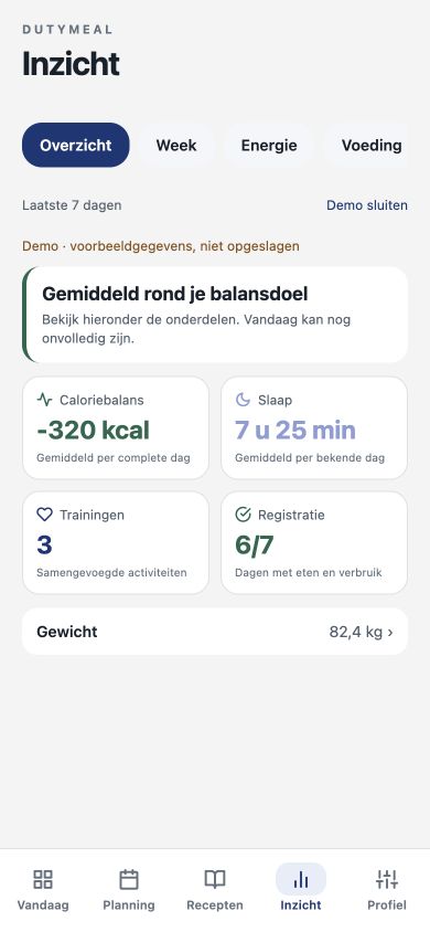Overzicht met caloriebalans, slaap, trainingen en registratie