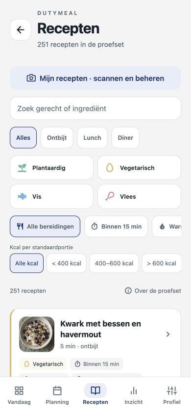 Receptenbibliotheek met filters op maaltijd, bereiding en calorieën