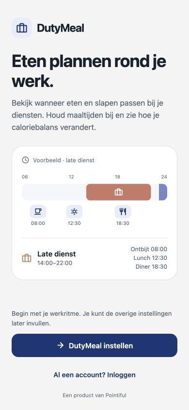 Startscherm van DutyMeal met planning rond een late dienst